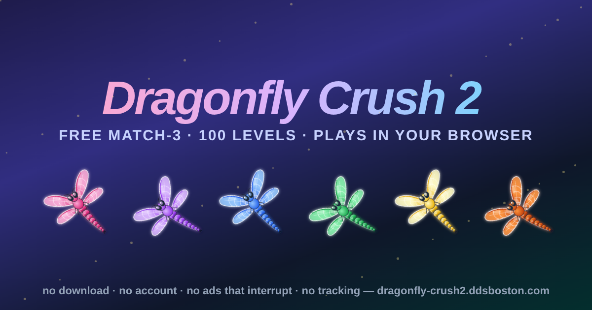 Dragonfly Crush 2 cover: a live cascade in a phone frame beside the wordmark